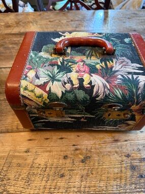 Tropical Printed Vintage Train Case with Brown Trim